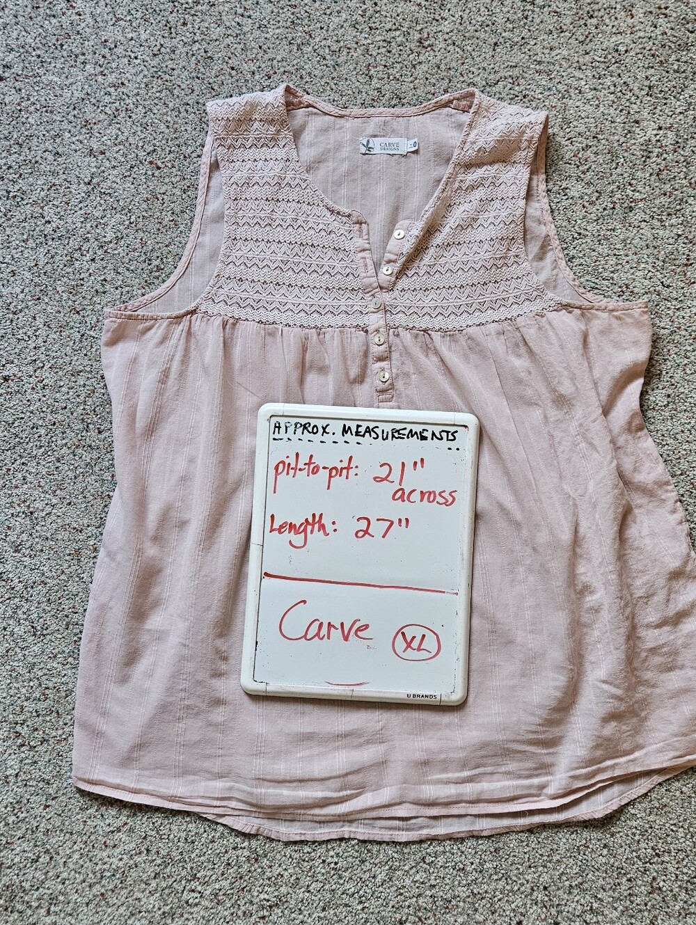 Carve Designs Airy Sleeveless Blouse Button Placket Lace Pink XL